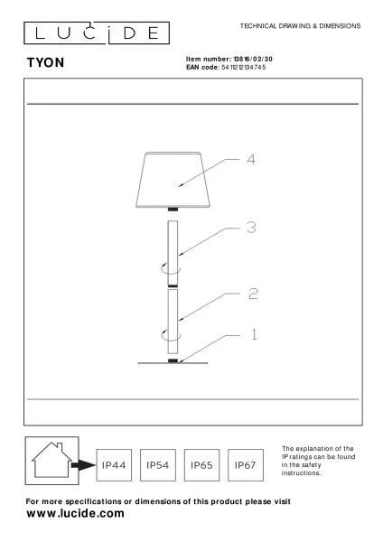 Lucide TYON - wiederaufladbare Tischlampe Innen/Außen - Akku/Batterie - LED Dim. - 1x2W 2700K - IP65 - Schwarz - technisch